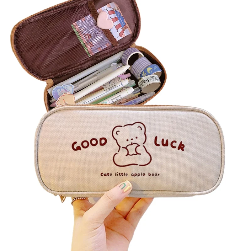 Kawaii Canvas Pencil Case for Girls Boys Cartoon Bear Pencilcase Pen Case Bag Large Capacity Pencil Box Pouch Stationery Gift