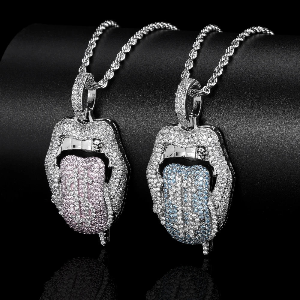 

Hip Hop Women Bling Dollar Sign on Iced Out Red/Blue Tongue Rock Pendant Necklace Free Shipping