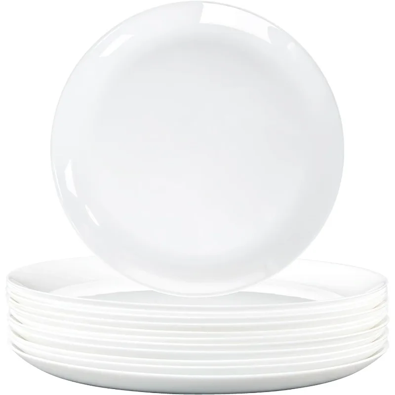 Dinner Plates Set of 12, Tempered Glass White Plates, 10-1/2-Inch Round Dish Set, Microwave & Dishwasher Safe Glass Plate Set