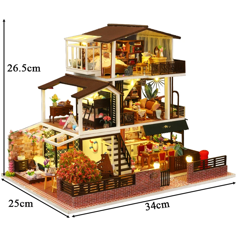 DIY Wooden Miniature Model Kit Big Romantic Casa 3D Puzzle European Villa Dollhouse With Furniture Lights Friends Birthday Gifts 6