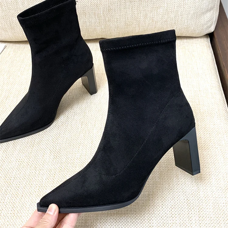 

Velvet Ankle Boots Black Elastic Fabric Slip-On Zapatos Para Mujeres Chunky Heels Ladies Bota Feminina Stiletto Women Shoes 2023