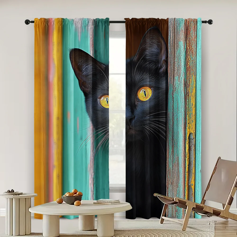 2pc,  Drapes black cat Versatile 100% Polyester,Without Electricity Versatile Applies to Living Room, Outdoor Decor 2