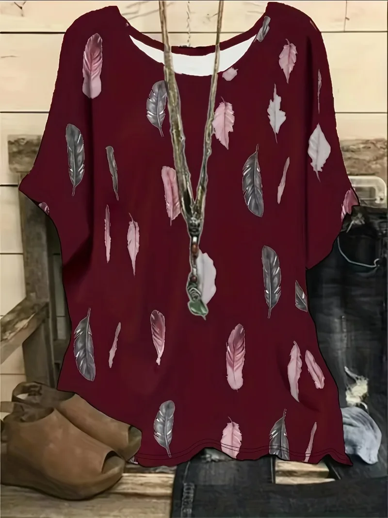 플러스 사이즈 여성 라운드넥 반팔 깃털 프린트 신축성 캐주얼 상의, 패션 1XL-5XL