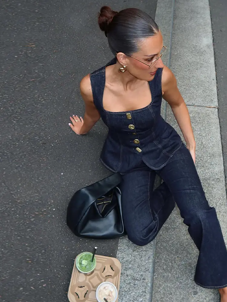 Trendy Women's Denim Suits Set With Chic Button Details Sling Crop Top Matching High Waist Straight Leg Jeans Casual Outfits