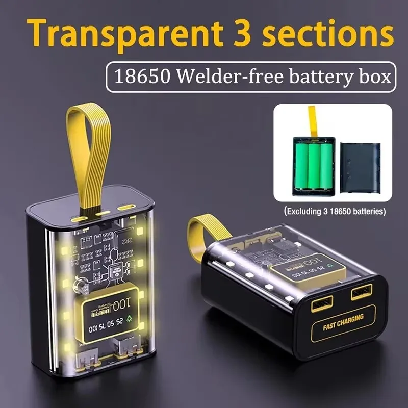 Custodia Power Bank 3*18650 con Luce Notturna e Doppia Porta USB, Scatola DIY per Batterie iPhone Xiaomi 18650