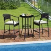 3-Piece Outdoor Bar Set - Patio Wicker Rattan Bar Height Barstools w/Cushions, Footrest, Round Glass Top Table, High Top Bistro 2