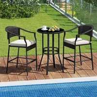 3-Piece Outdoor Bar Set - Patio Wicker Rattan Bar Height Barstools w/Cushions, Footrest, Round Glass Top Table, High Top Bistro 2
