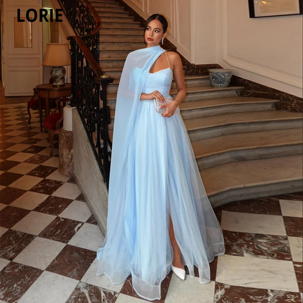 

LORIE SKy Blue Prom Party Dresses High Slit Robe De Soiree Spaghetti Straps Evening Gowns Long 2024 With Cape Celebrity Dress