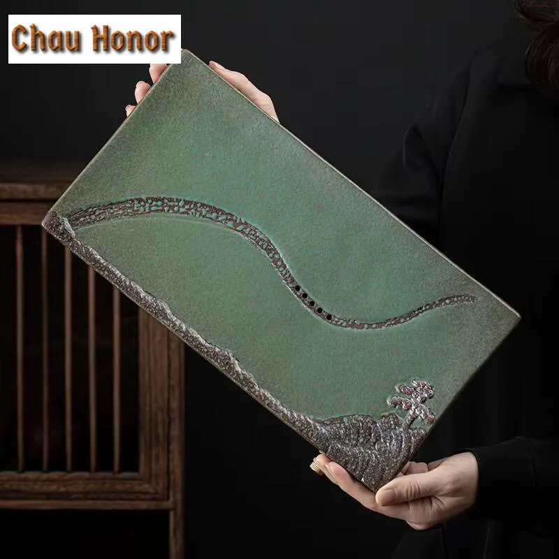 Retro Coarse Pottery Large Rectangular Dry Bubble Tray Chinese Household Water Storage And Drainage Dual-purpose Tea Tray Gifts