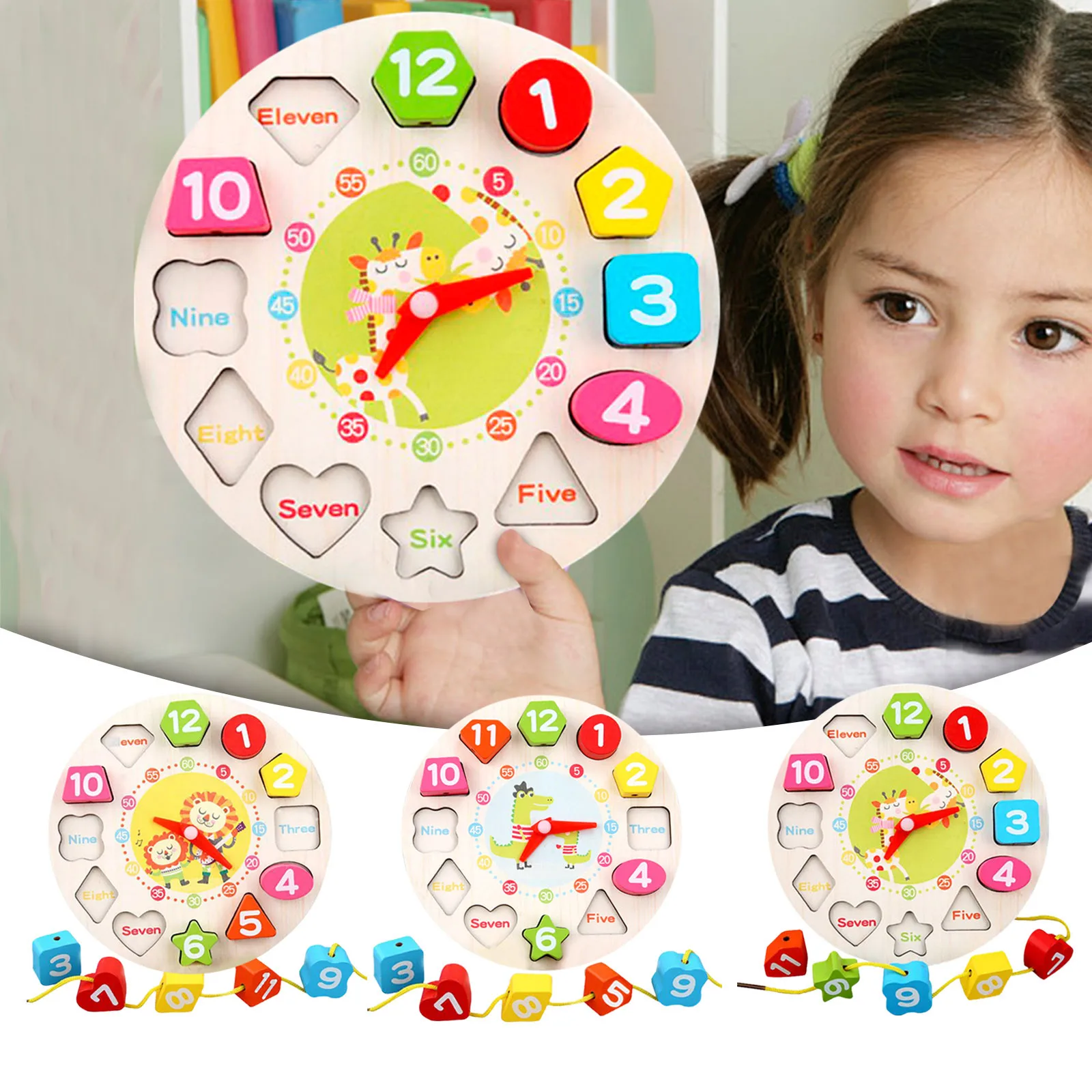 Boys Age 12 Preschool Shape Sorting Clock Wooden Early Education Teaching Learning Clock Early Building for Boys Age 12-14