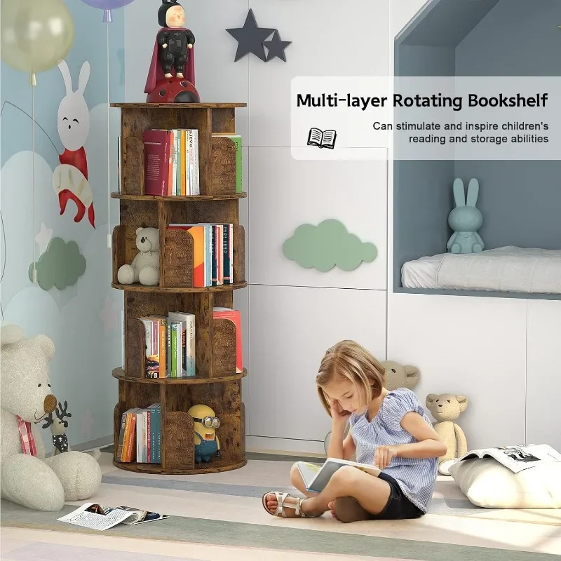 Wood Rotating Bookshelf 360 Display 4 Tier Floor Standing Bookcase Storage Rack for Bedroom Living Room