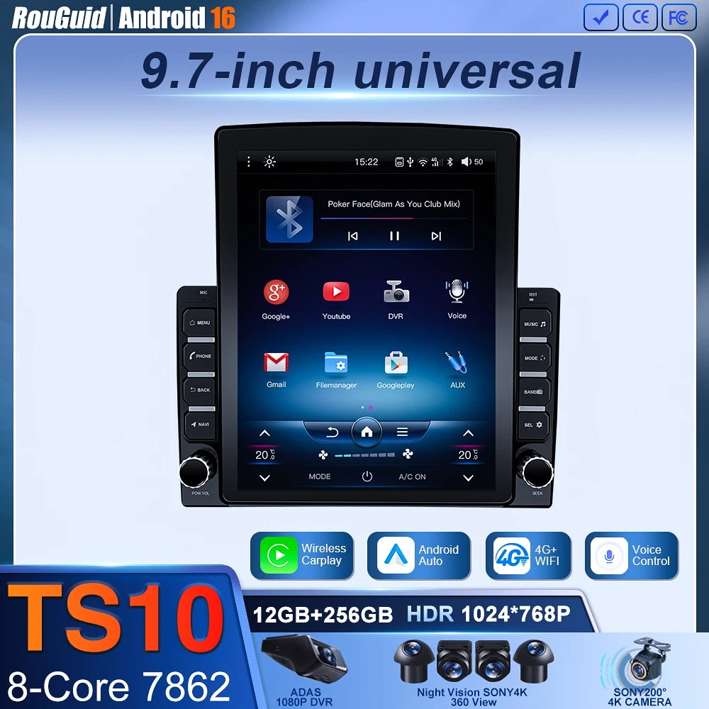 Radio para Auto Android 16 Universal de 9.7 Pulgadas con CarPlay, Android Auto, GPS, Reproductor Multimedia 2 DIN, WiFi, Pantalla QLED y Bluetooth 1