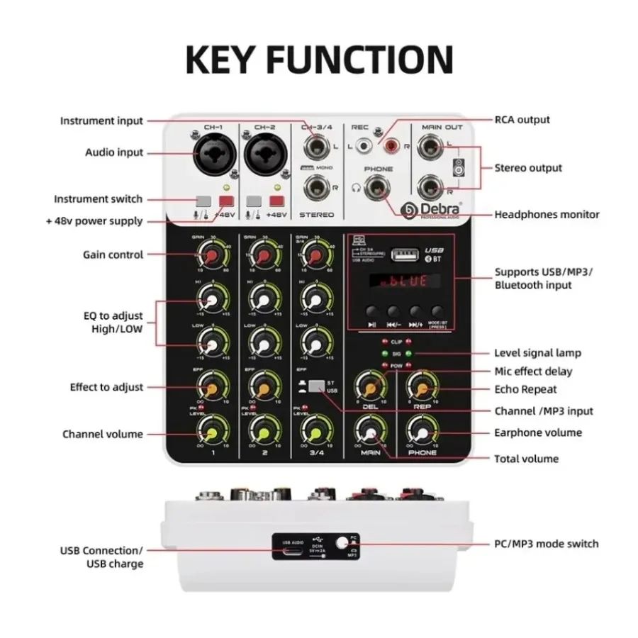 Portable 4 Channel Audio Mixer with Bluetooth and USB Recording