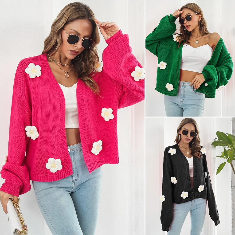 

Spring New Sweater 3D Embroidery Flower Lantern Sleeve Loose Knitted Sweater Cardigan Coat For Spring