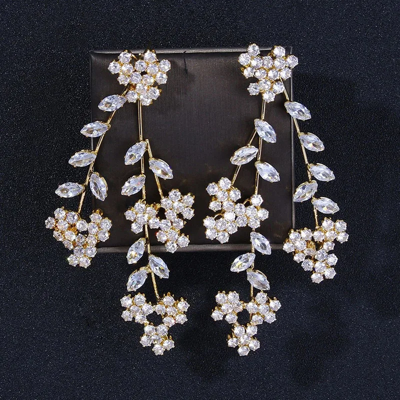 Floralbride Alloy Prong Setting Cubic Zircon Flower Leaf Earrings Bridal Wedding Chandelier Earrings Women Party Dangle Earrings