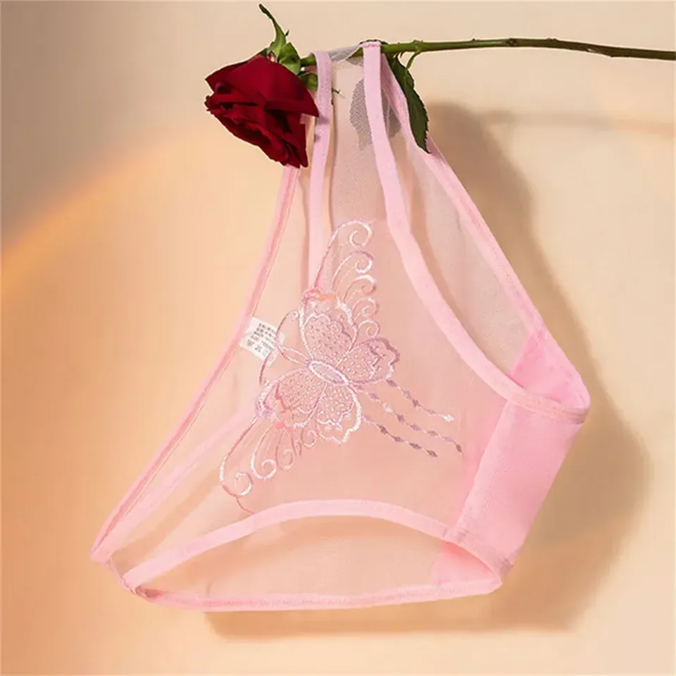 Women Sexy Mesh Briefs Low Waist Transparent See-Through Butterfly Underwear Gauze Lace Lingeries Soft Panties