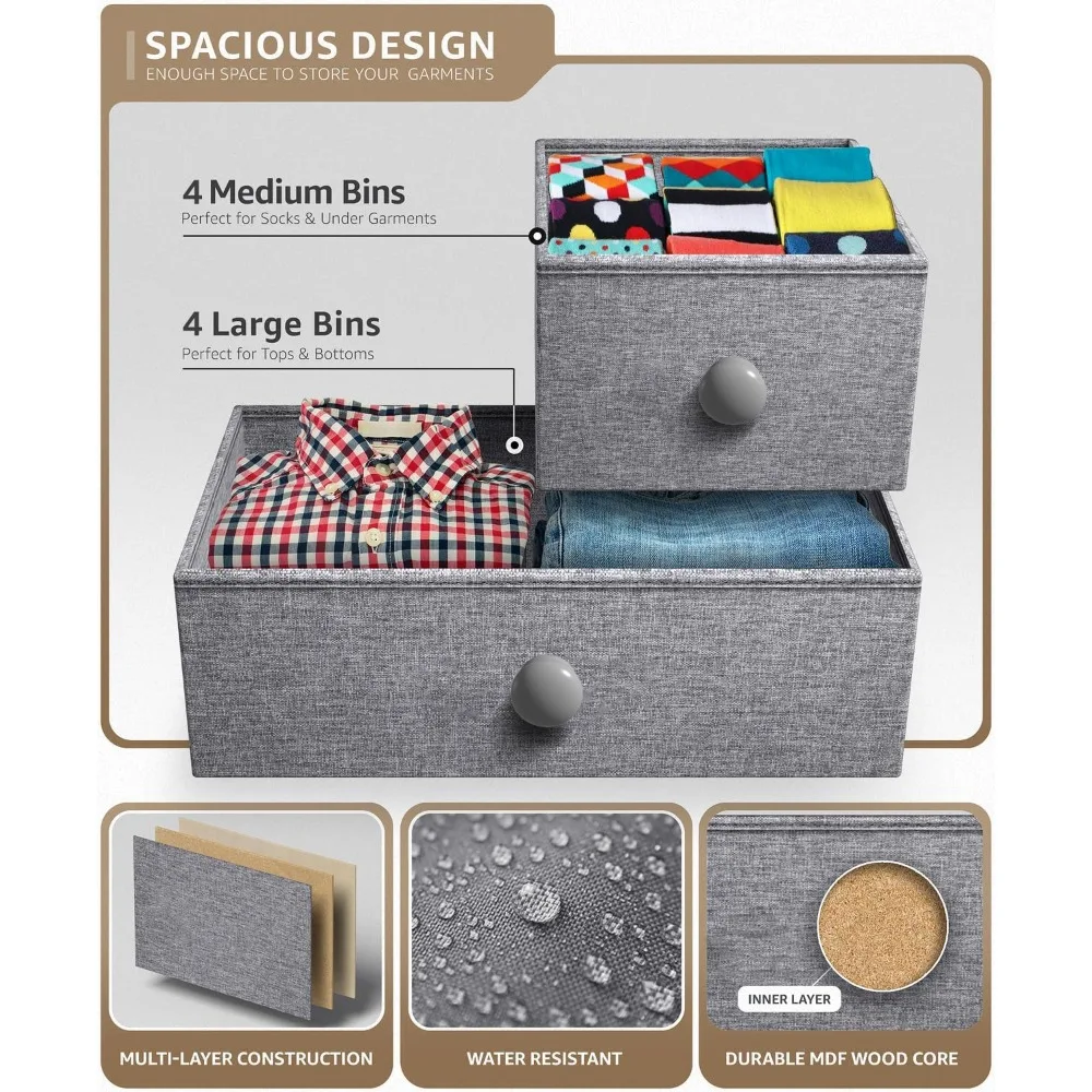 Dresser with 8 Drawers - Chest Clothing Organizer Unit with Steel Frame Wood Top Knob Handle Easy Pull Fabric Bins - Larg 5