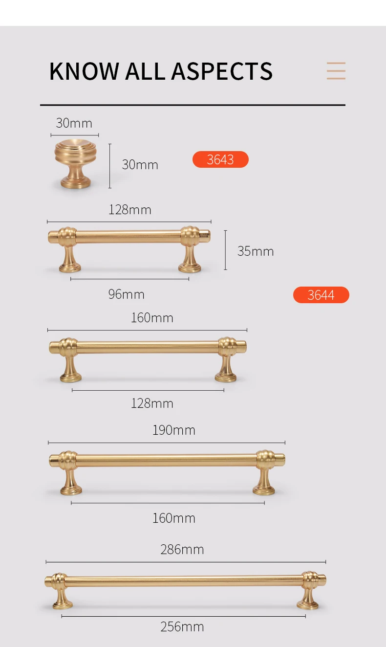 YONFIA 3644BB Brushed Brass Kitchen Cabinet Handles Knob Zinc Alloy Furniture Drawer Handle Wardrobe Closet Pull Handle Gold