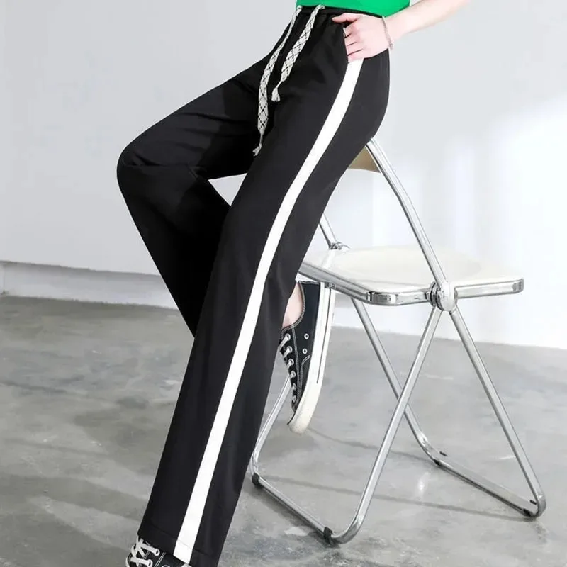 Spring Womens Baggy Sweatpants Korean Spoenie Lace-up Side Stripe Wide Leg Pants Casual Elastic High Waist Straight Pantalones