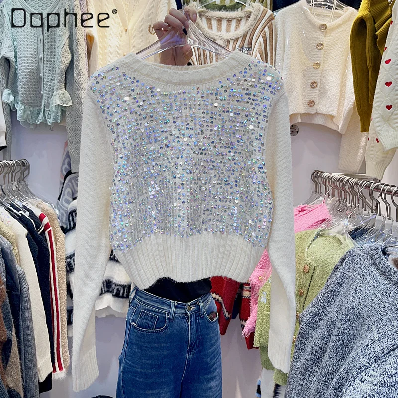 

French Loose Sequined Knitwear Top Woman 2023 Autumn and Winter New Fashionable All-Match Round Neck Long Sleeve Knitted Sweater