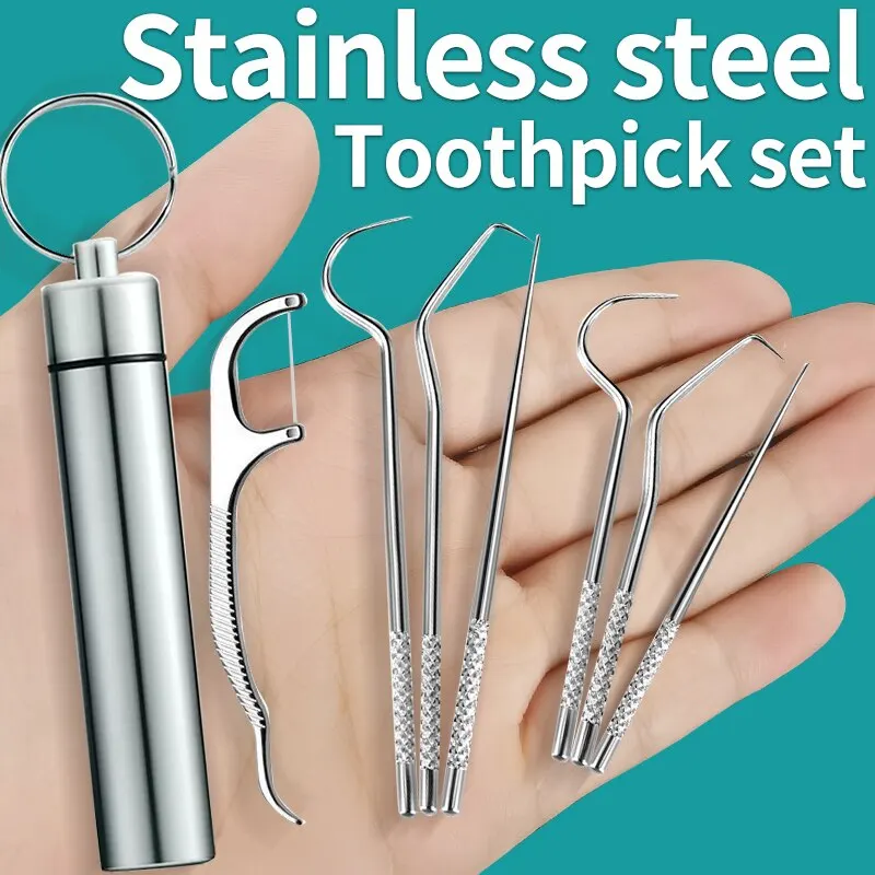 Stainless Steel Metal Toothpick Set Portable Household Portable Dental