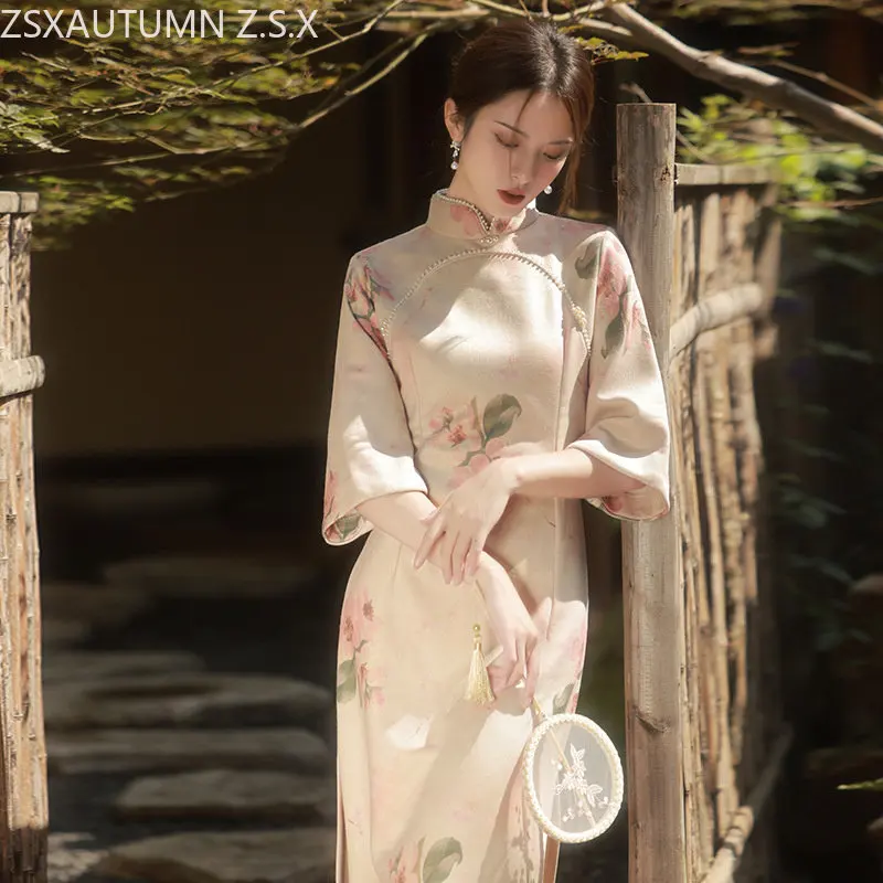

Chinese Dress Women Long Qipao Elegant Slim Beaded Hanfu Cheongsams Traditional Robe Autumn New Orientale Female Vestido Chino