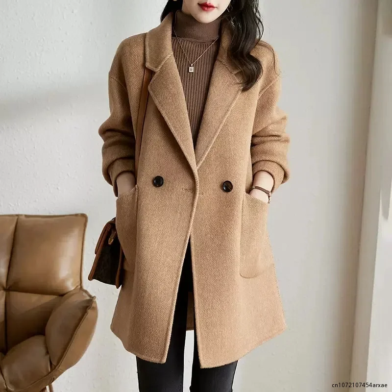 

Woolen Jacket Women's Autumn Winter New Korean Style Temperament Thickened Medium and Long Herringbone Pattern Woolen Coat