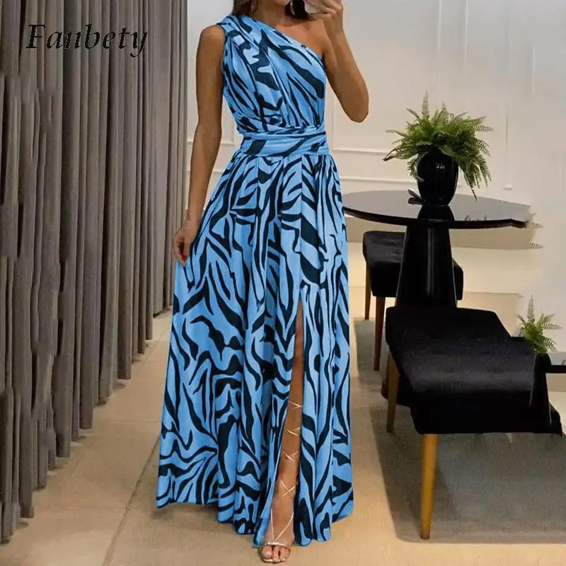 

Sexy One Shoulder Print Ruched Women Dress Summer Slash Neck Sleeveless High Waist Boho Long Dress Fashion Slit Maxi Party Dress