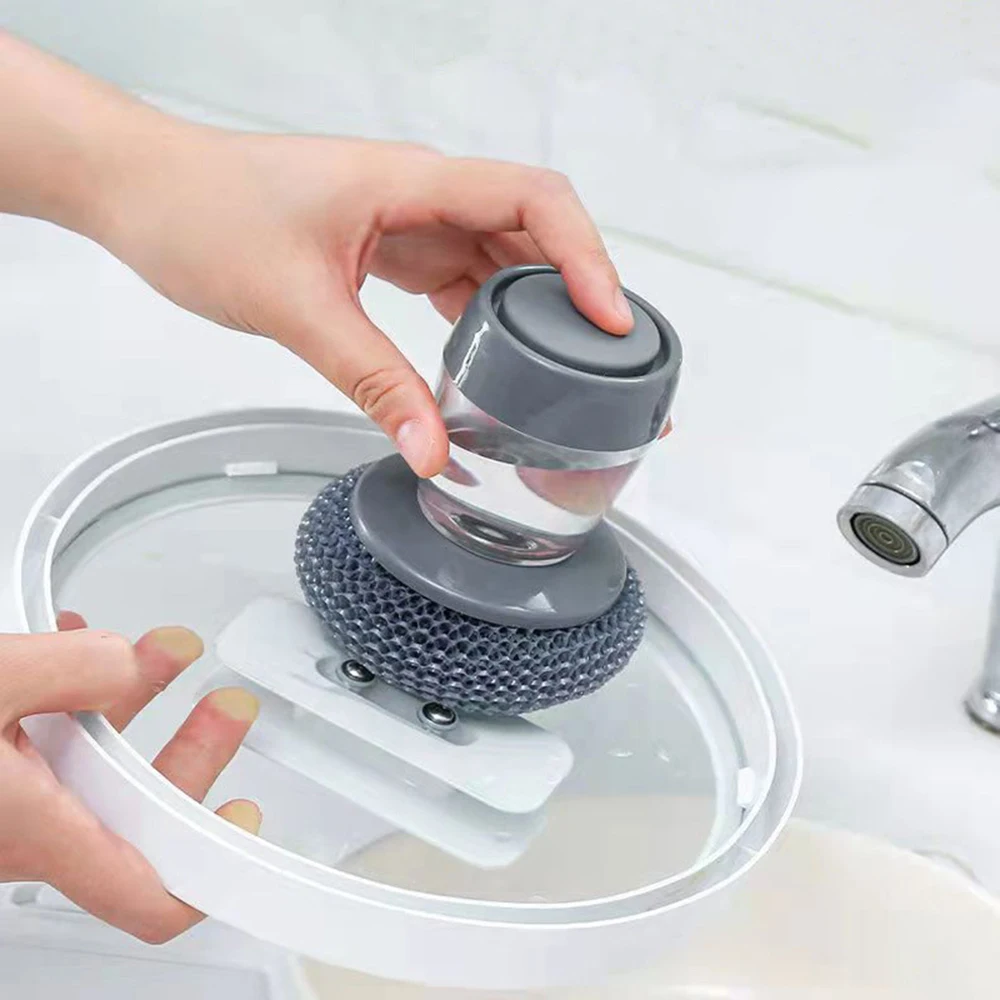 Soap Dispensing Palm Brush for Pot Pan Sink Cleaning Tableware Kitchen Scrubber with PET Replacement Balls One Set Kitchen Pot Brush Kitchen Cleaning Brush Kitchen Cleaning Tool