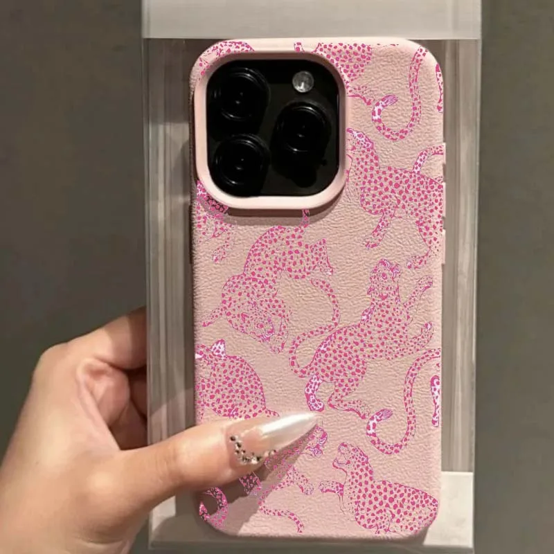 Black Pink Leopard Pattern Leather Phone Case