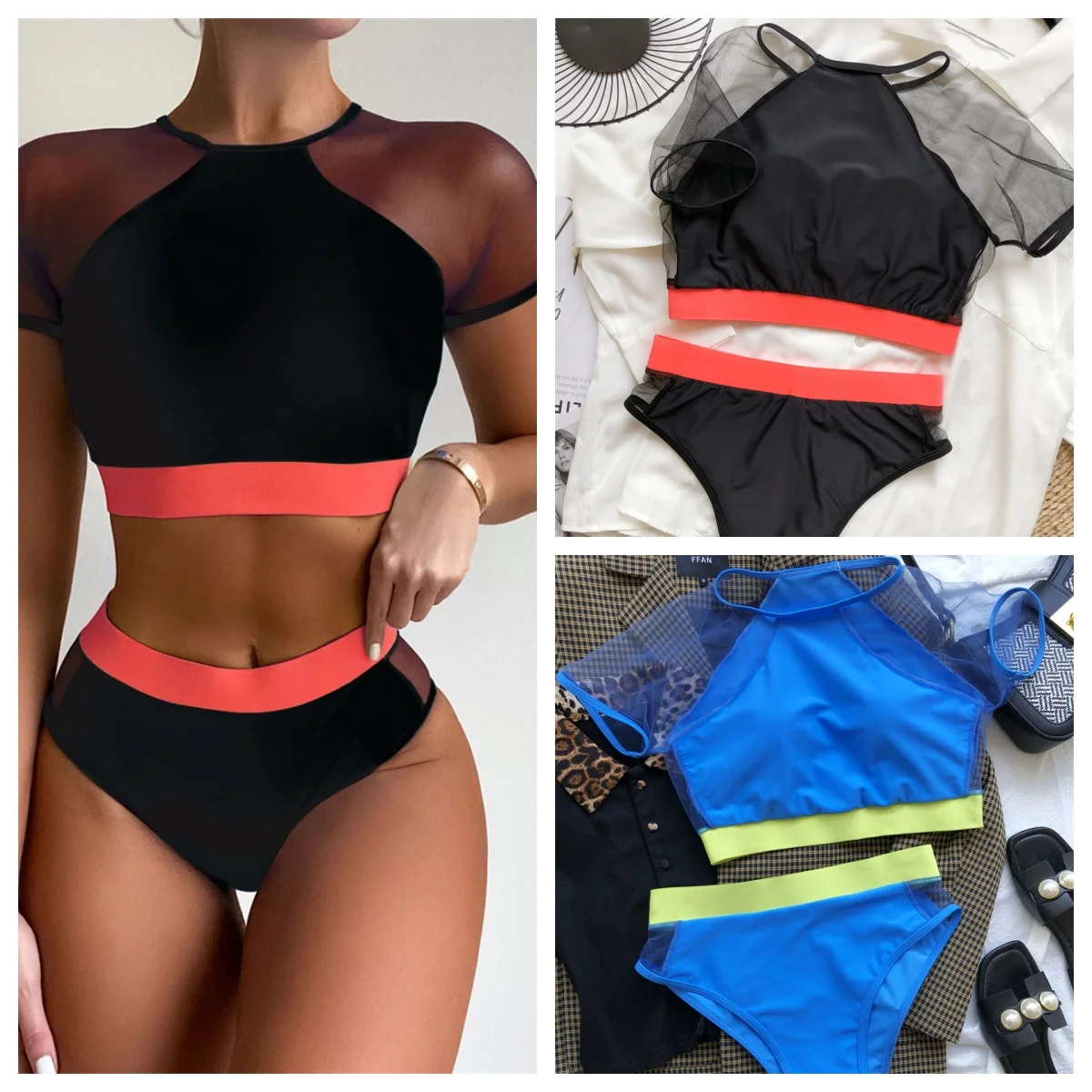 Short Sleeve Mesh Bandage Swimsuit High Waist Sexy Bikini Summer Beach High Quality Swimsuit Mujer Biquini