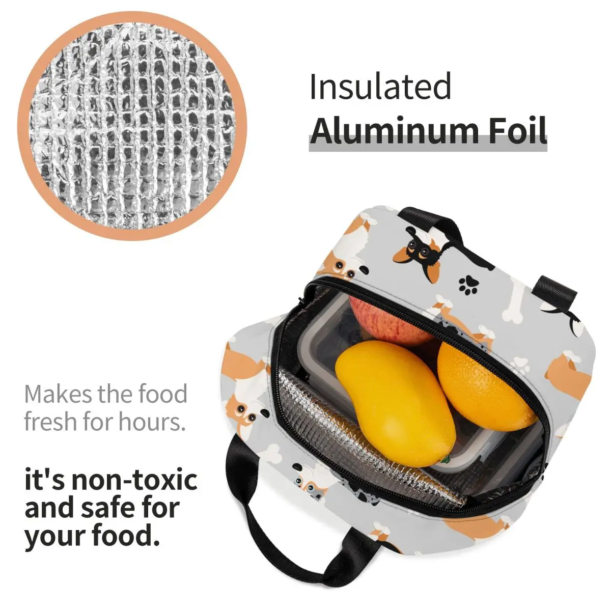 Cute Corgi Pattern Gray Lunch Bags Portable Insulated Oxford Cooler Bags Dog Thermal Cold Food Picnic Tote for Women Girl