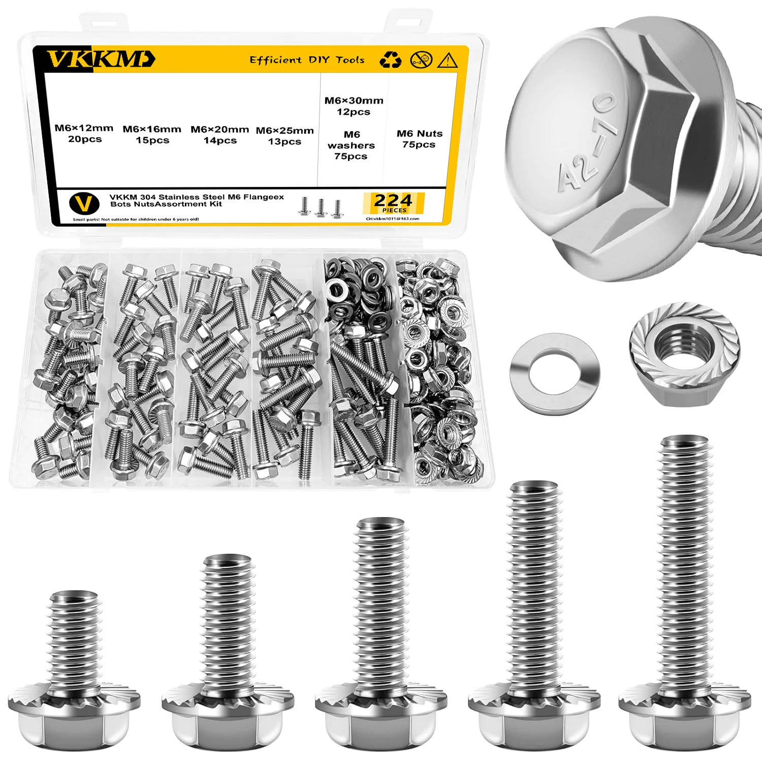 224Pcs 304 Stainless Steel M6 Bolt Flanged Hex Head Bolts Flange Nuts Washers Metric Bolt Assortment Screw Bolt Nut Set Screw Washer Nut Kit Auto Fasteners Assortment