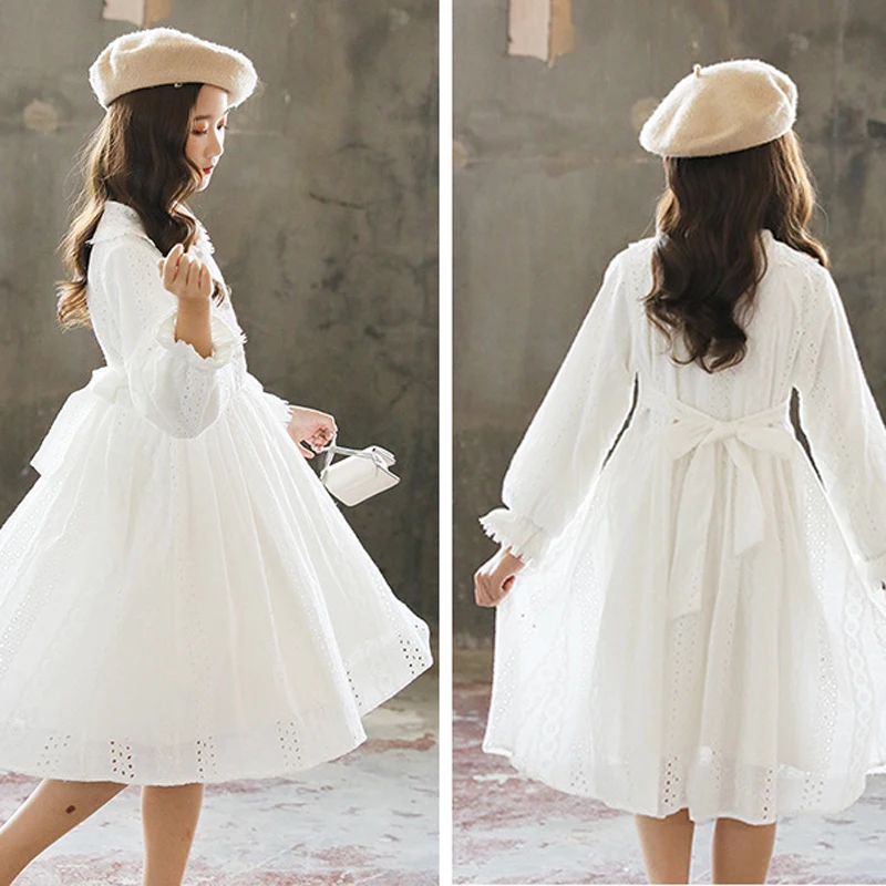 Vintage White Girls Princess Dresses Spring Autumn Teenage Girls Cute Long Sleeve Dress Girl Costume Sweet Cotton Child Clothes