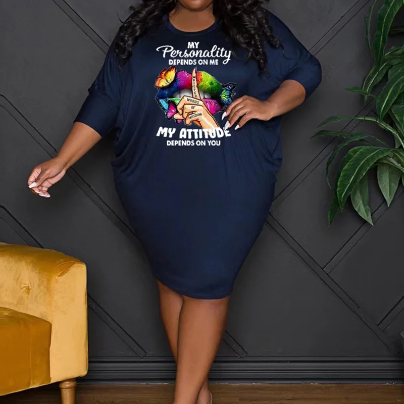 Casual Plus Size Clothes Round Neck Pattern Letter Print Three Quarter Sleeve Fashion Summer Autumn Loose Midi Dress for Women