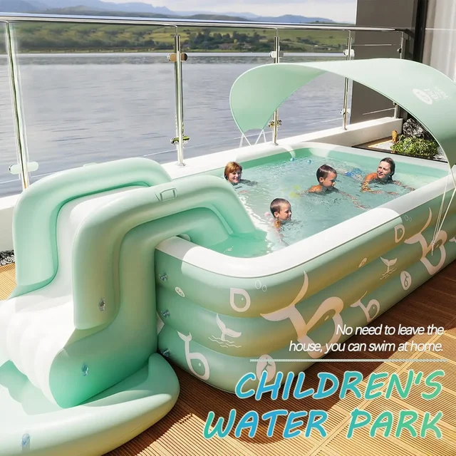 Inflatable Pool with Canopy and Slide,Large Inflatable Swimming Pool for Persons,Family Pool for Backyard, Outdoor 3
