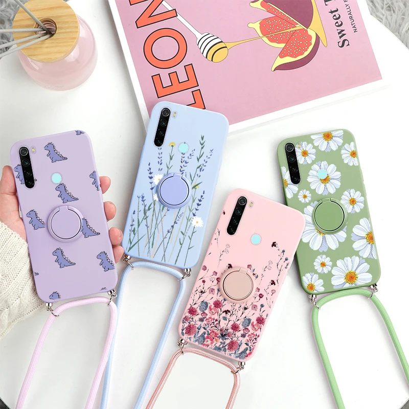 

For Xiaomi Redmi Note 8 Pro 8T Flower Wrist Strap Soft Case Magnetic Ring Stand Holder Funda For Redmi note 8 Ultra Matte Bumper