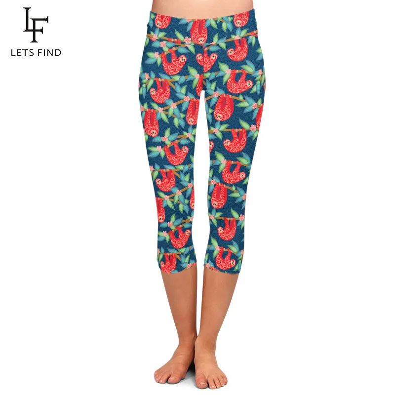 LETSFIND High Quaility Women Cute Sloths with Floral  Print Mid-Calf Leggings High Waist Fitness Slim Capri Leggings