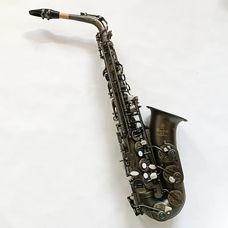 NewJapanRetroEbAltoSaxophoneUniqueMatteBlackNickelPlatedCarvedSurfaceEFlat