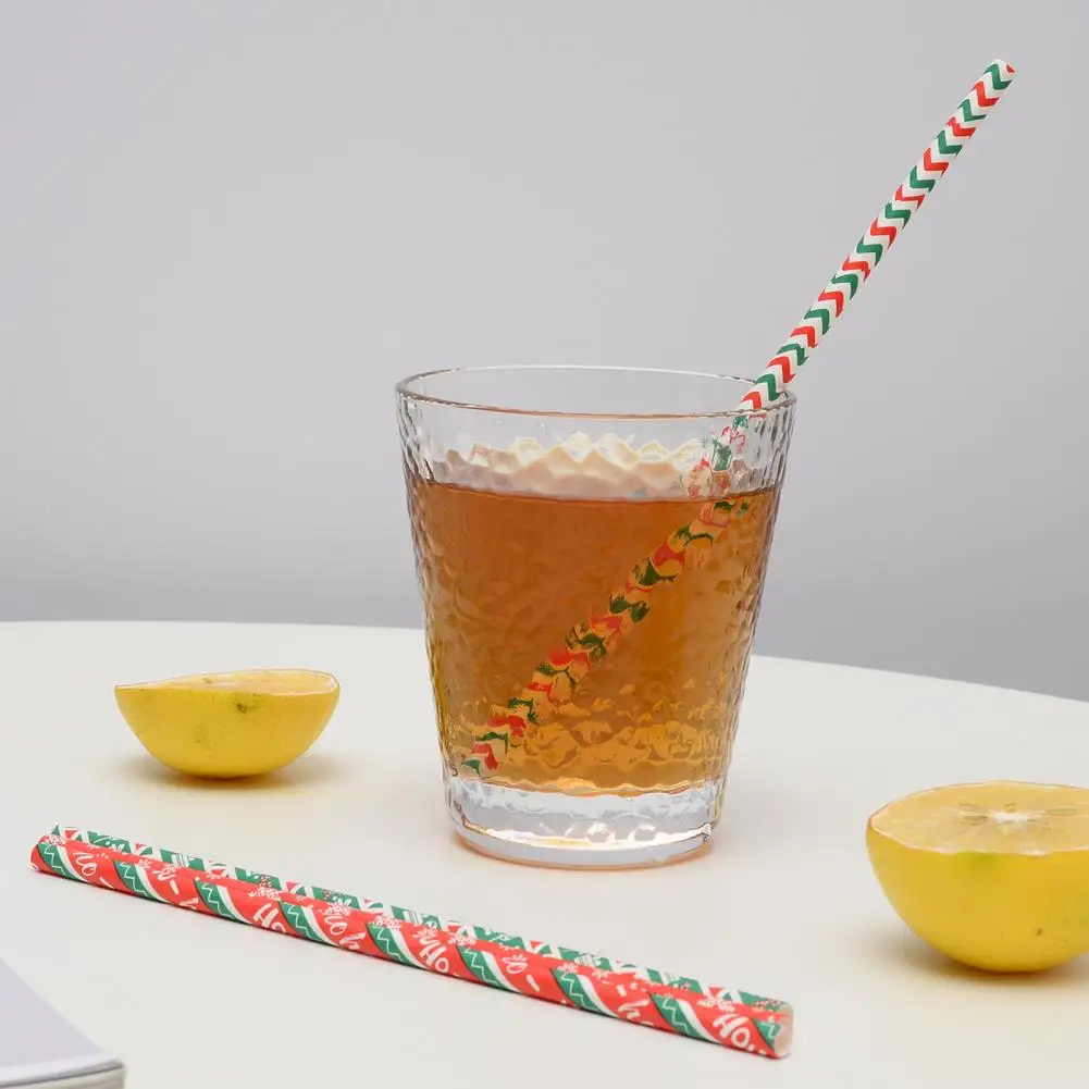 100 Pcs Paper Straws Food Grade Degradable Christmas Disposable Straws Table Decoration Snowflake Print Xmas Drinking Straw