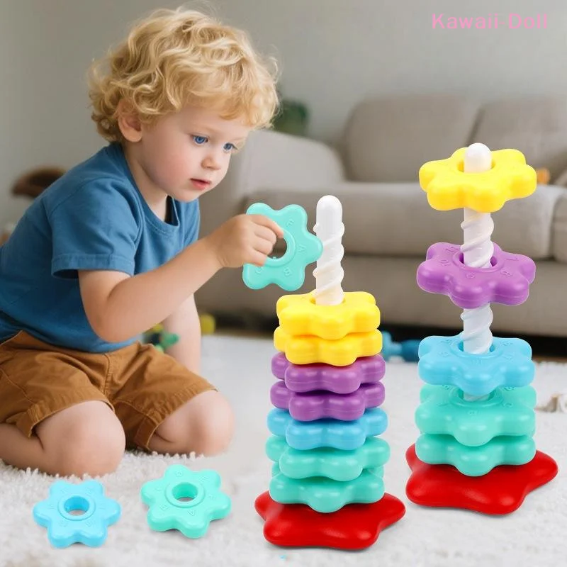 [DO]1 Set Baby Spinning Stacking Puzzle Toys Montessori Rotating Rainbow Tower Children Develop Motor Skills Game Kids Gift[DO] - 2