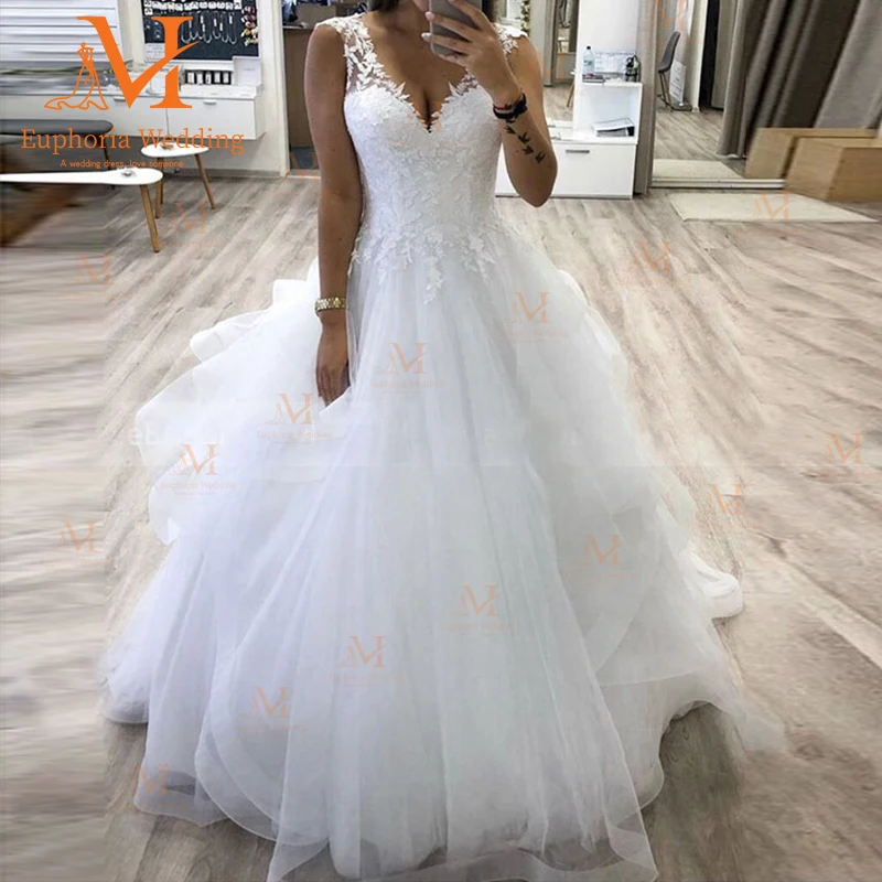 

Wedding Dress Vestido De Noiva Robe Mariée For Woman Casamento Boda Party Bride Mariage Ball Gown Vneck White Tiered Tulle Skirt