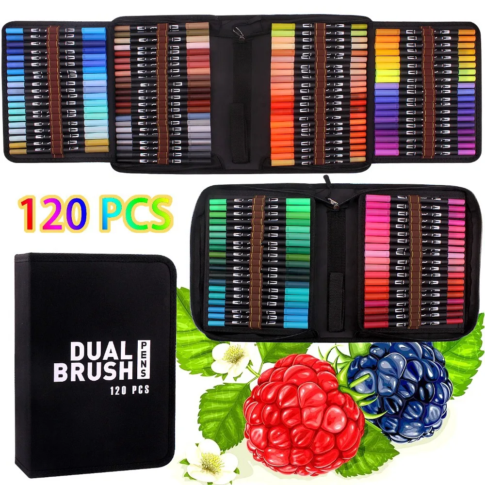 

Watercolor Brush Marker Pen 60/120 Colored Dual Tip Art Markers Felt Tip Pens Sketchbooks For Drawing Stationery Supplies