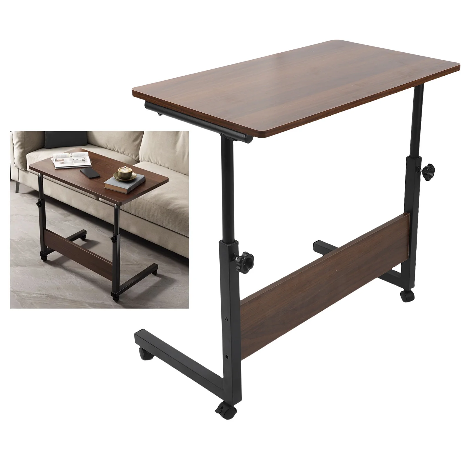 Rolling End Table Liftable Longer Wider Tabletop C Shaped Computer Desk with Wheels for Bed Dormitory - 4