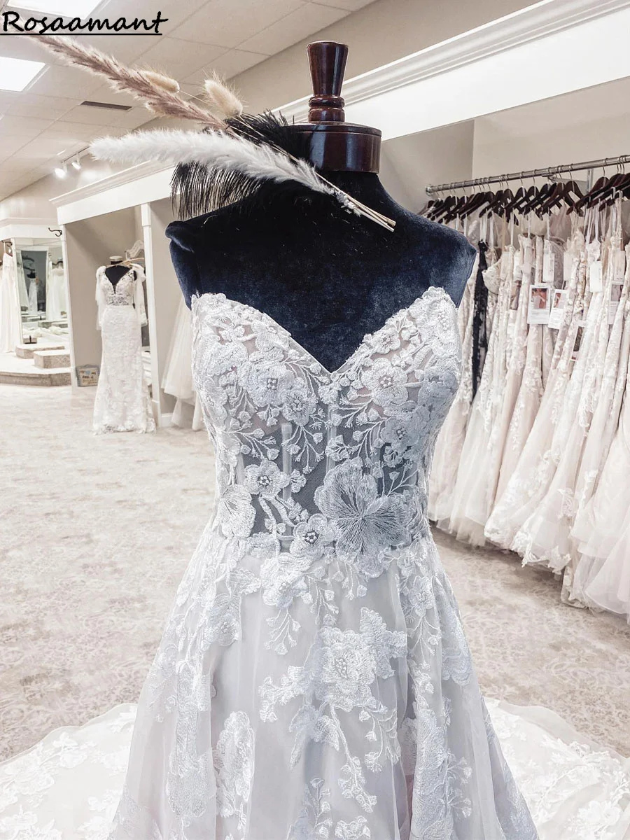 

Newest Strapless Illusion A-Line Wedding Dresses Sleeveless Appliques Lace Bridal Gowns Robe De Mariee
