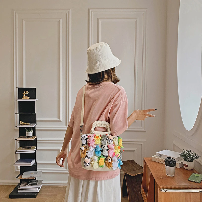 Funny Doll Bags for Women Trend 2024 Cartoon Cute Canvas Tote Bag Fashion Casual Handbags Party Beach Bucket Shoulder Bag Woman