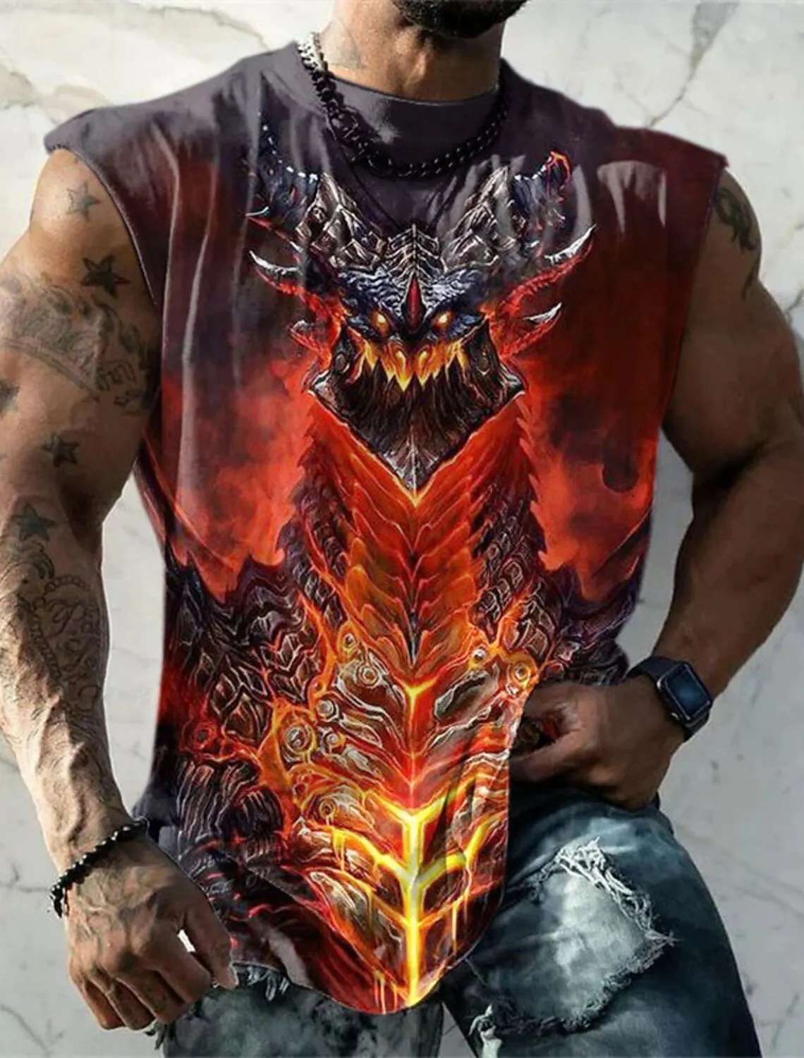 2023 Street Fashion Retro Men'S 3D Dragon King Print Girocollo Fashion Fitness T Shirt Flame Dragon Cooler Oversize S-5Xl