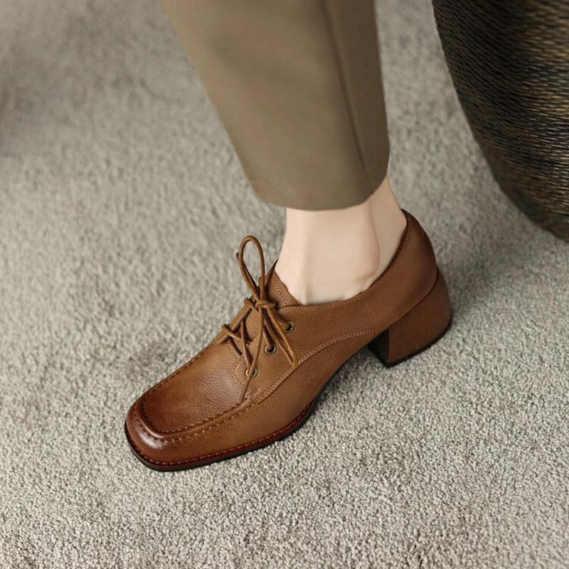 

NEW Spring Women Loafers Split Leather Pumps Women Round Toe Square Heel Women Shoes Casual Chunky Heel Shoes Women Oxford Shoes