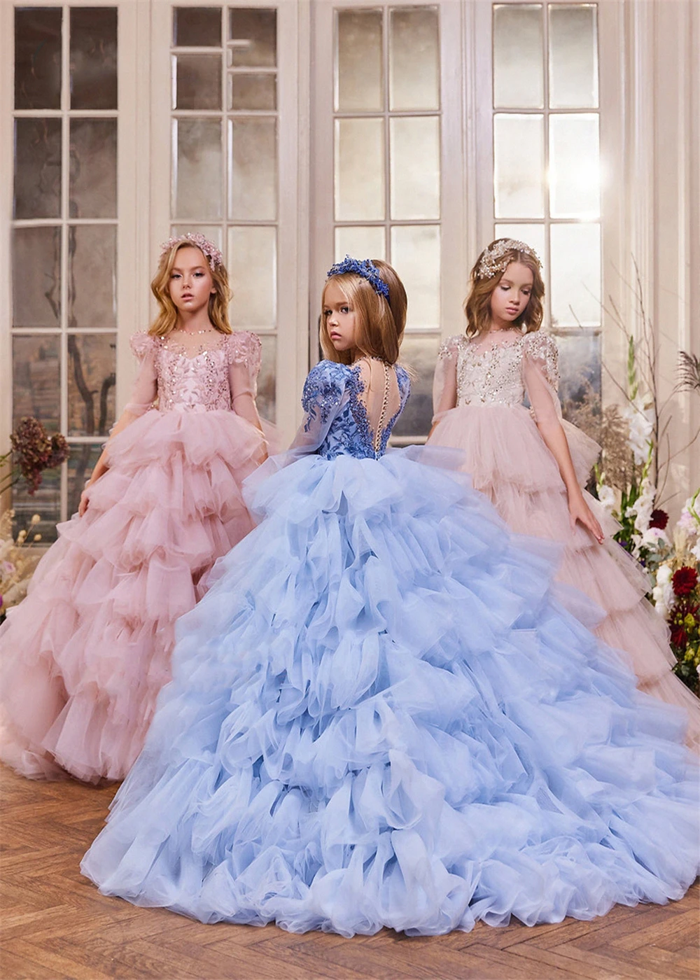

Elegant Layered Flower Girl Dresses For Wedding Sequin Lace Tulle Puffy Kids Birthday Evening Party Dress Ball First Communion