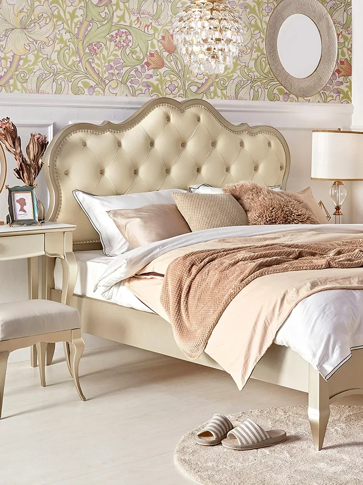 

Light Luxury Solid Wood Bed Leather Soft Bag Double Master Bedroom Large Bed French Entry Lux Marriage Bed Modern Bedroom